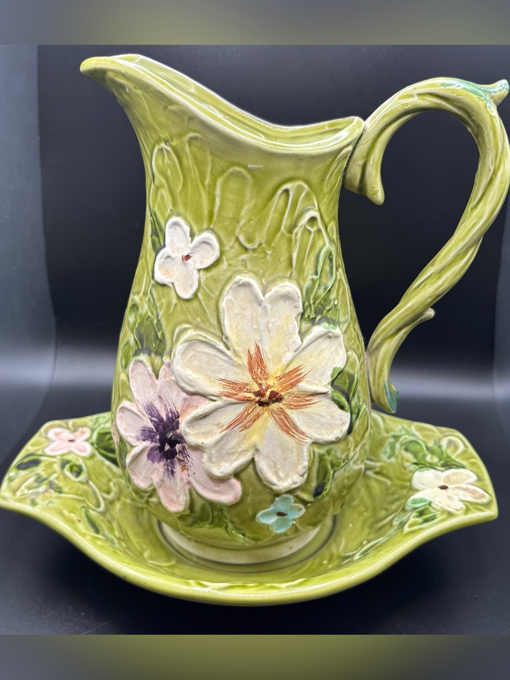 Vintage Mid Century Napcoware Green Floral Pitcher and Basin Set Majolica 8”